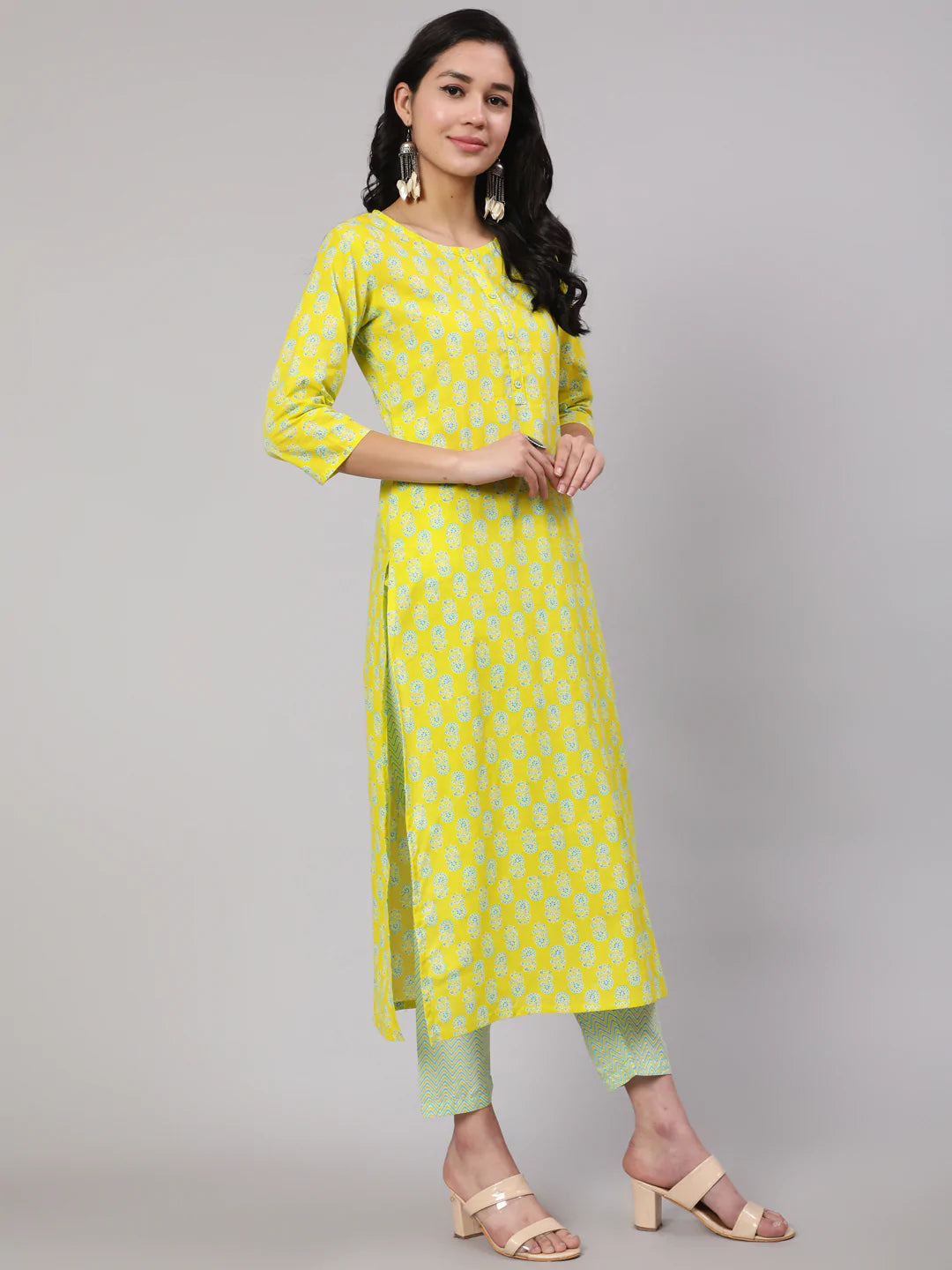 Lime Green Ethnic Printed Kurta With Trouser