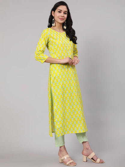 Lime Green Ethnic Printed Kurta With Trouser