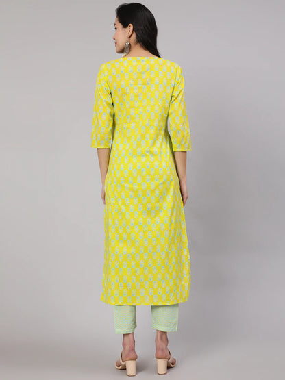 Lime Green Ethnic Printed Kurta With Trouser