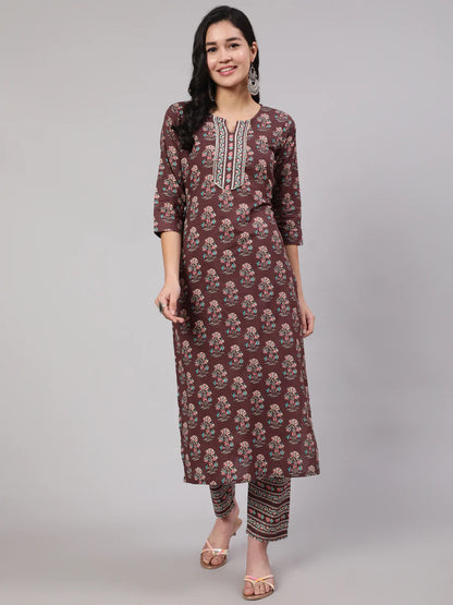 Purple Printed Straight Kurta With Trouser