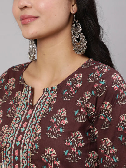 Purple Printed Straight Kurta With Trouser