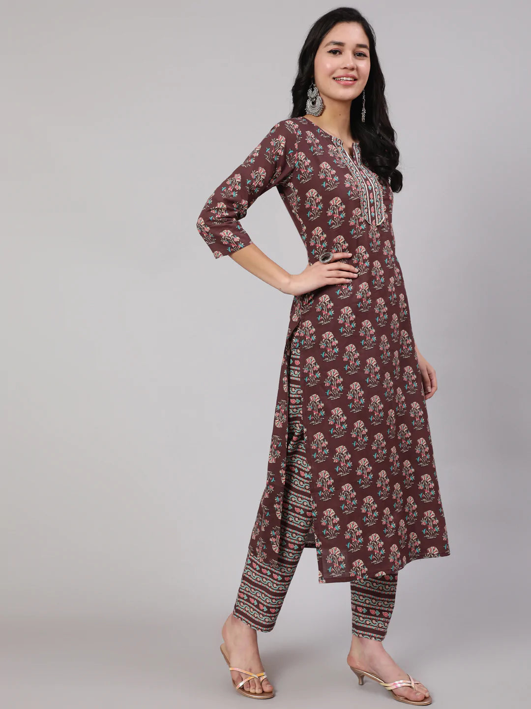 Purple Printed Straight Kurta With Trouser