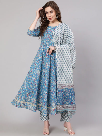 Blue Printed Anarkali Kurta With Trouser And Dupatta