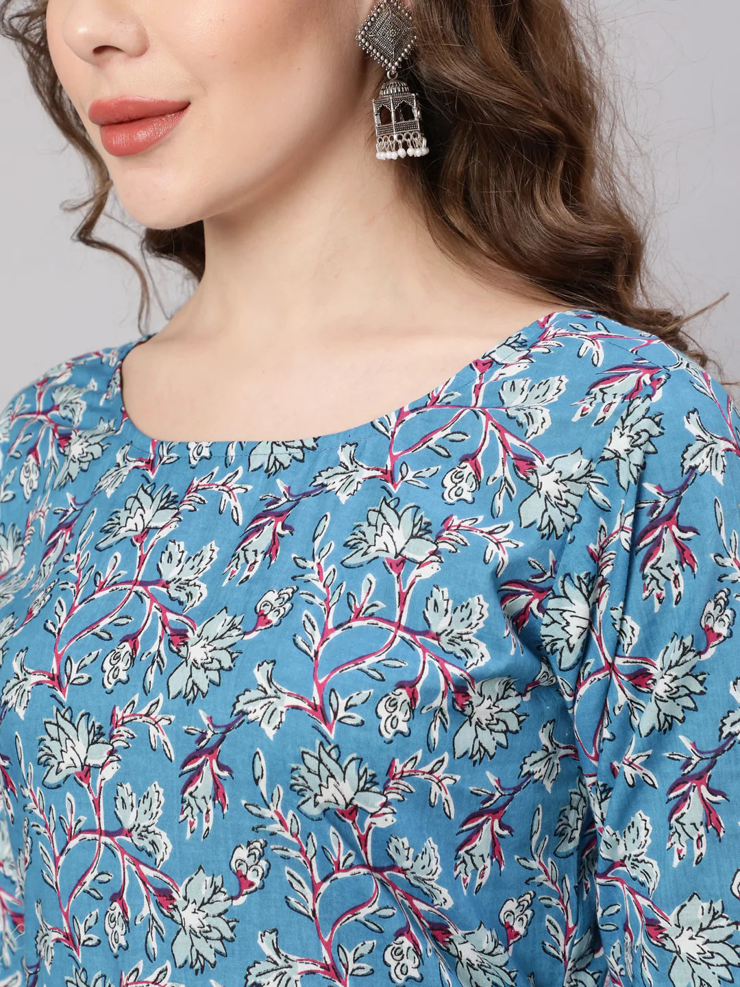 Blue Printed Anarkali Kurta With Trouser And Dupatta