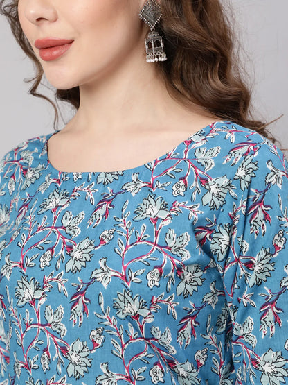Blue Printed Anarkali Kurta With Trouser And Dupatta