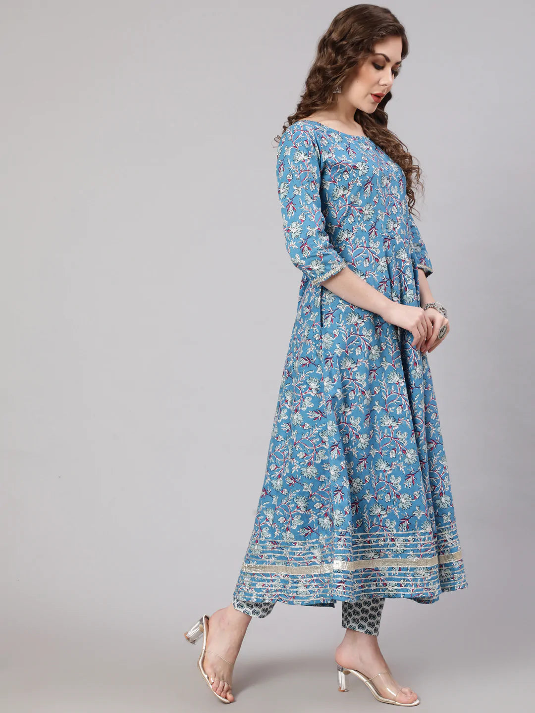 Blue Printed Anarkali Kurta With Trouser And Dupatta