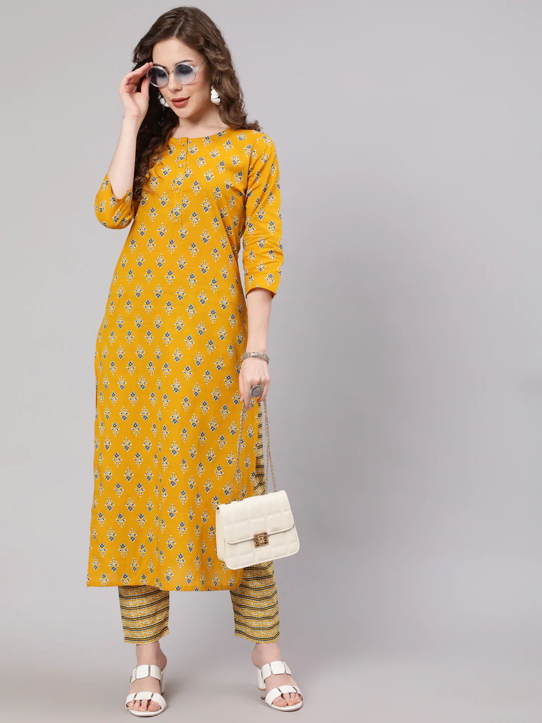 Mustard Printed Straight Kurta With Trouser