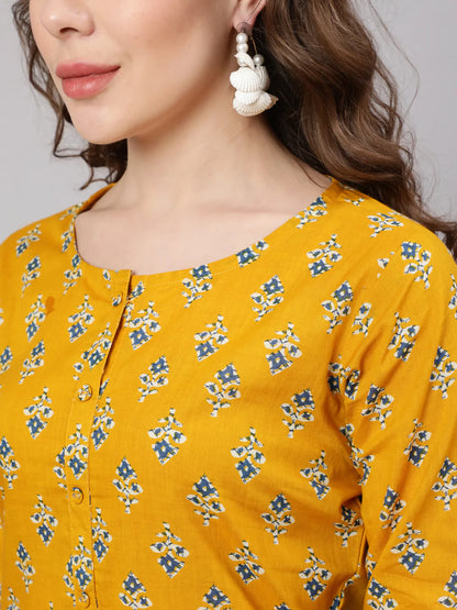 Mustard Printed Straight Kurta With Trouser