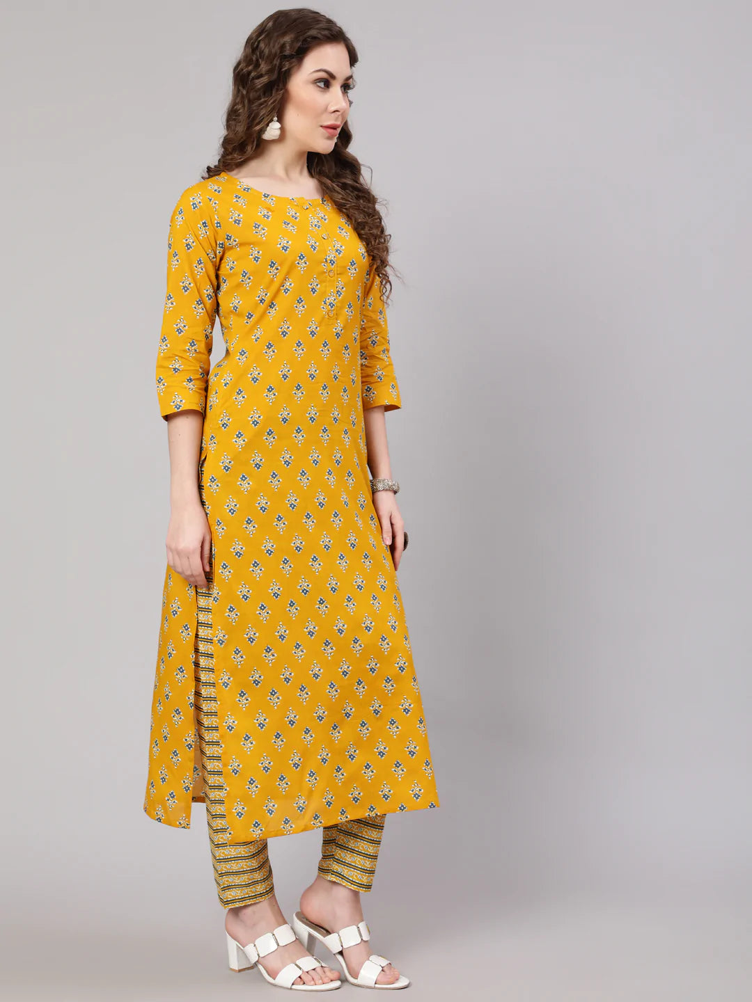 Mustard Printed Straight Kurta With Trouser