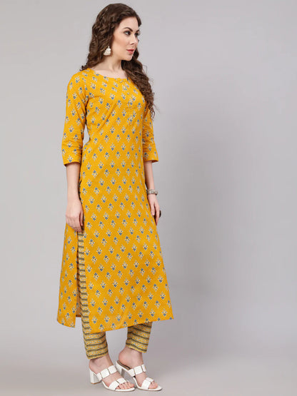 Mustard Printed Straight Kurta With Trouser
