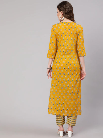 Mustard Printed Straight Kurta With Trouser