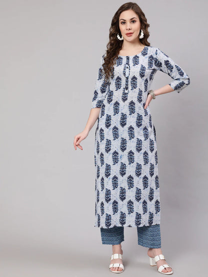 Blue Printed Straight Kurta With Trouser