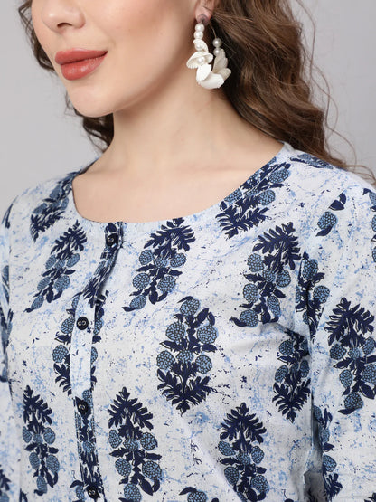 Blue Printed Straight Kurta With Trouser