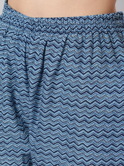 Blue Printed Straight Kurta With Trouser