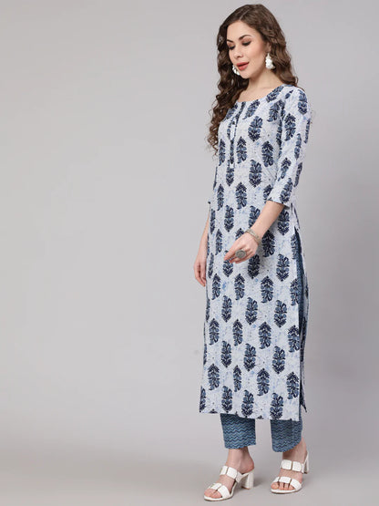 Blue Printed Straight Kurta With Trouser