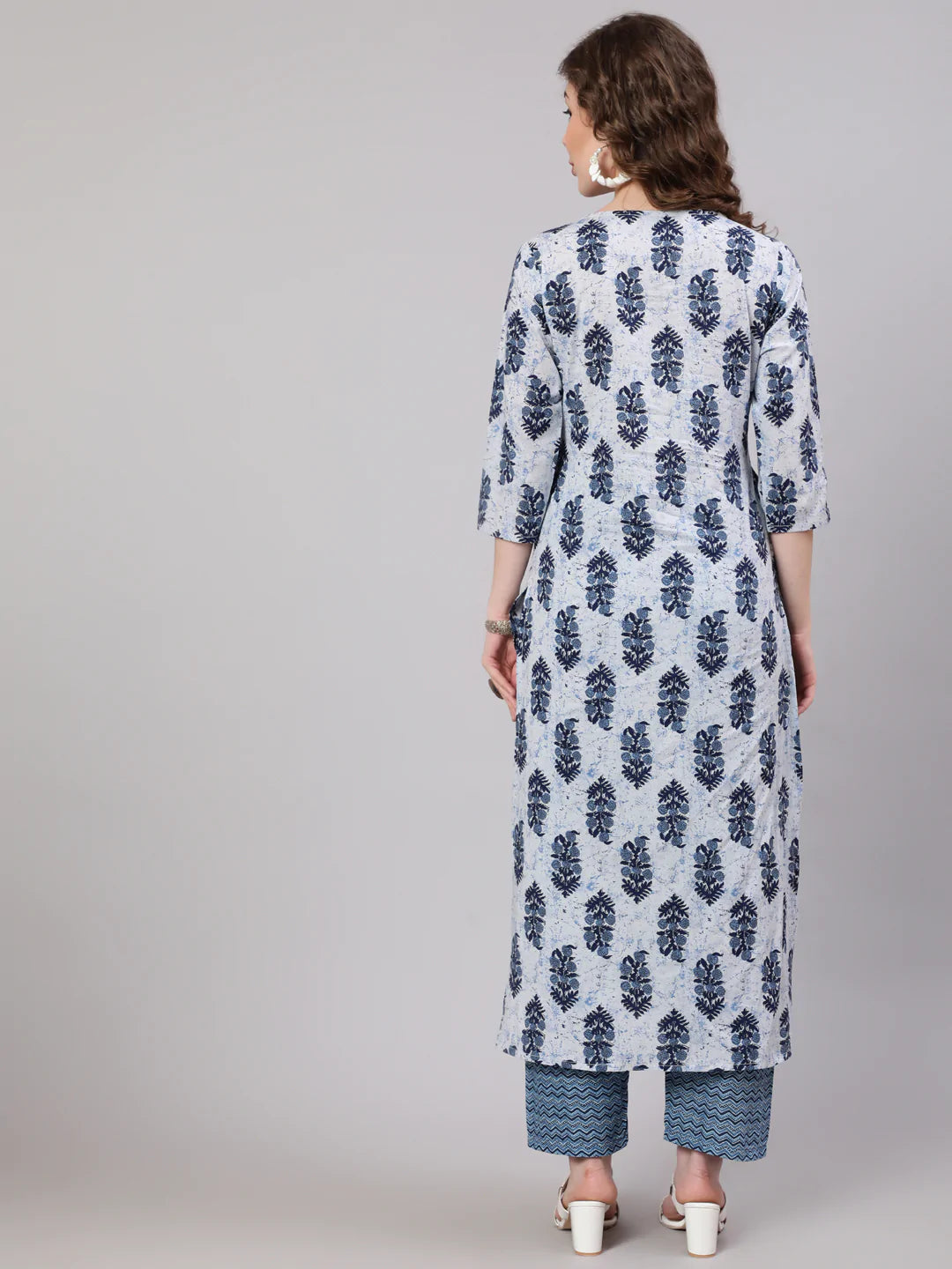 Blue Printed Straight Kurta With Trouser