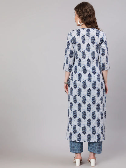 Blue Printed Straight Kurta With Trouser