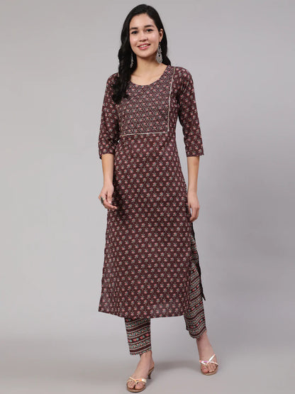 Purple Printed Straight Kurta With Trouser