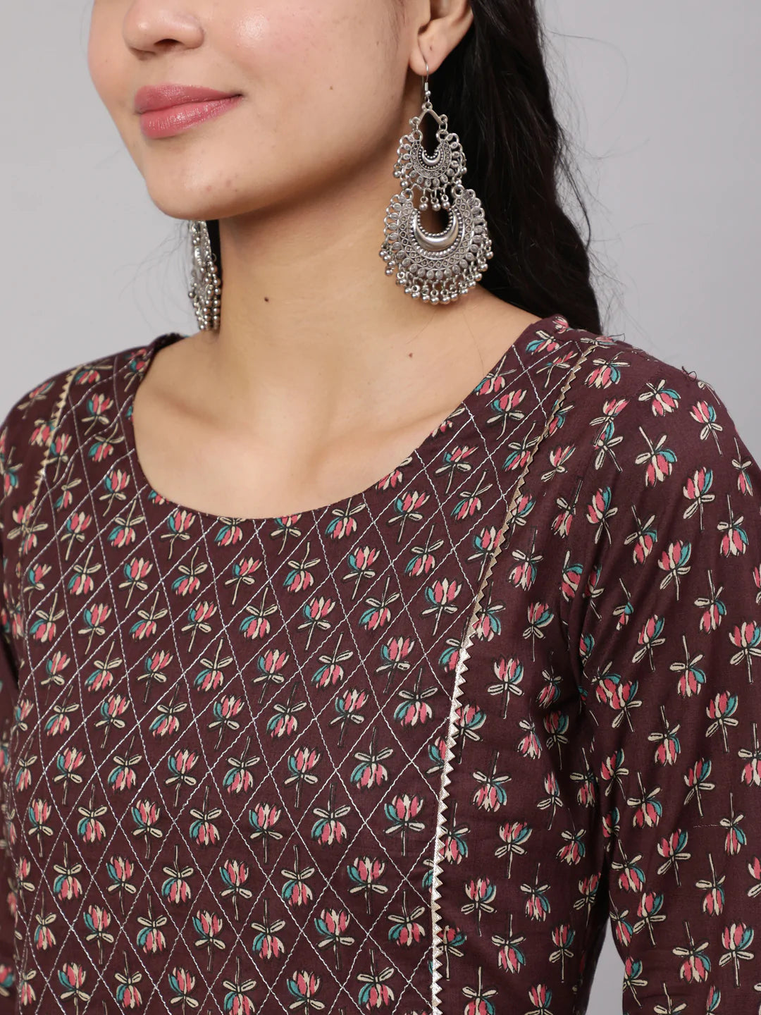 Purple Printed Straight Kurta With Trouser