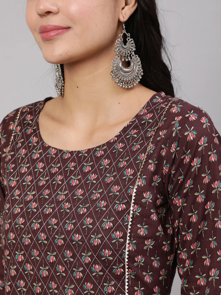 Purple Printed Straight Kurta With Trouser