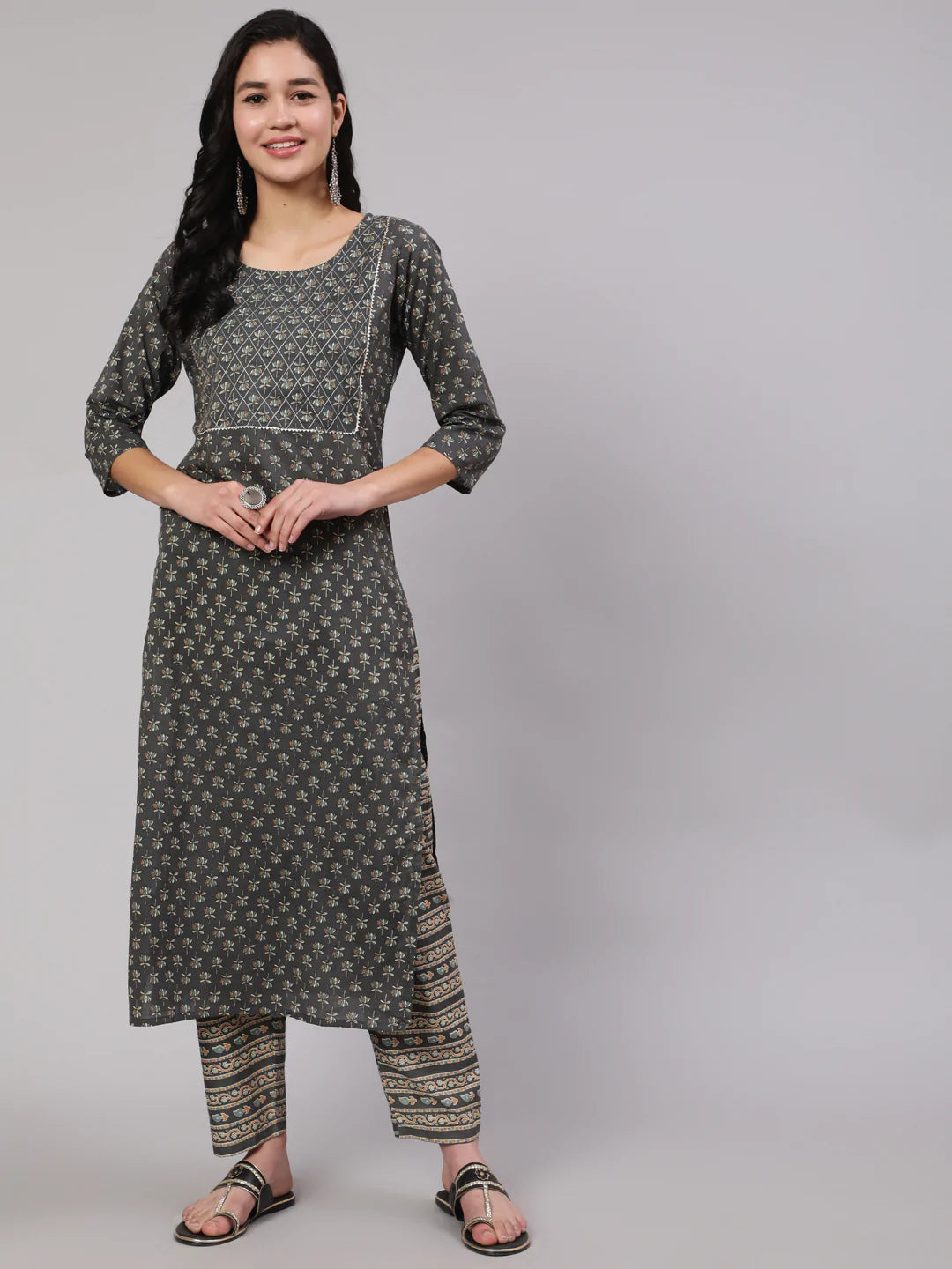 Grey Printed Straight Kurta With Trouser