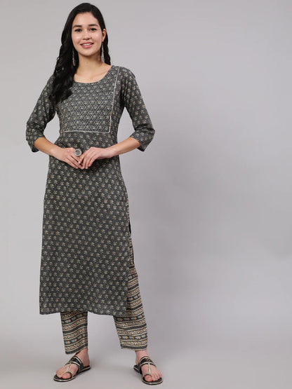 Grey Printed Straight Kurta With Trouser