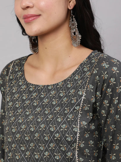 Grey Printed Straight Kurta With Trouser