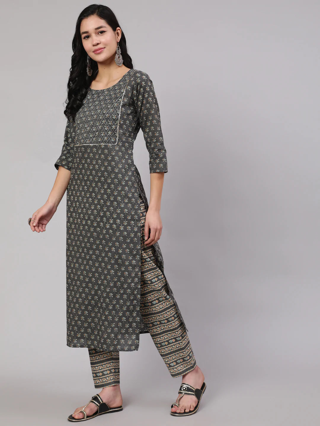 Grey Printed Straight Kurta With Trouser