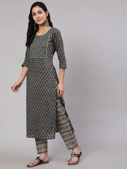 Grey Printed Straight Kurta With Trouser
