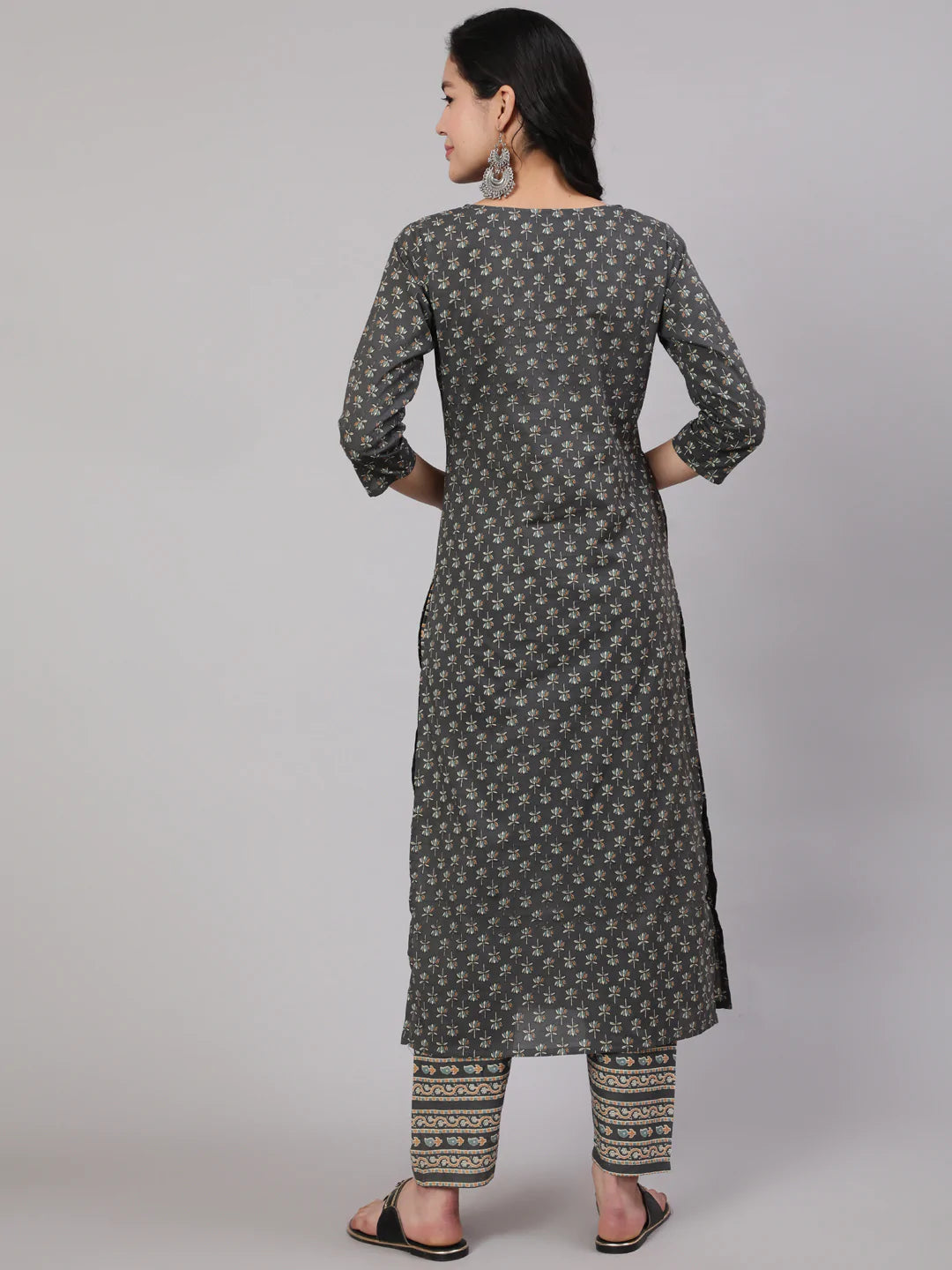 Grey Printed Straight Kurta With Trouser
