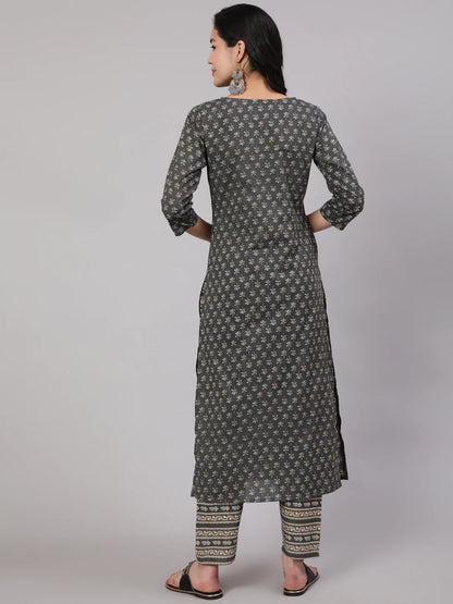 Grey Printed Straight Kurta With Trouser