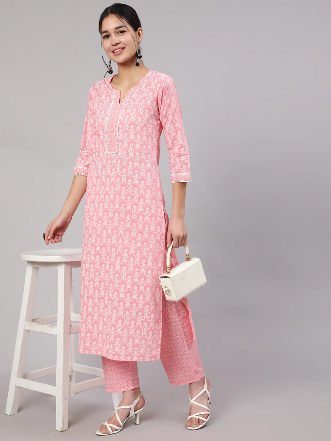 Pink Printed Straight Kurta With Trouser