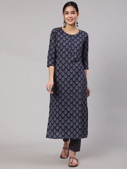 Blue Printed Straight Kurta With Trouser