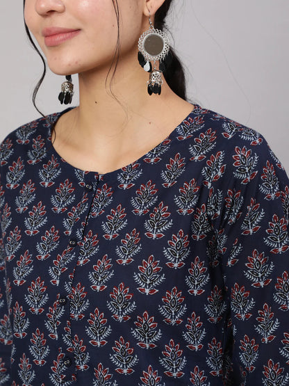 Blue Printed Straight Kurta With Trouser