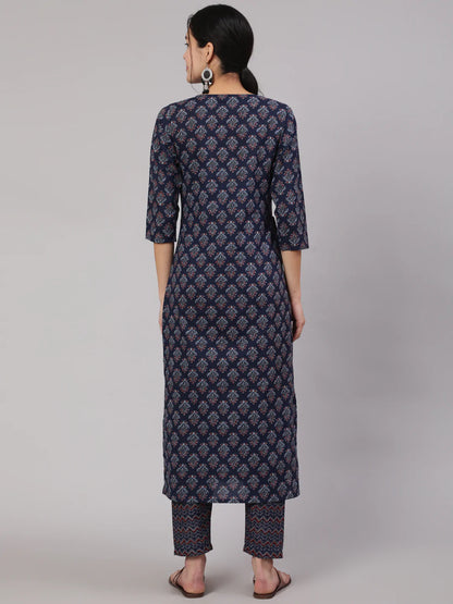 Blue Printed Straight Kurta With Trouser