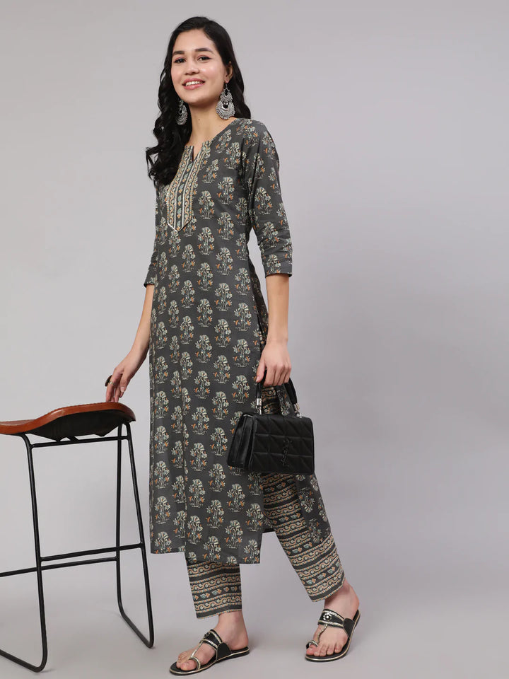 Grey Printed Straight Kurta With Trouser