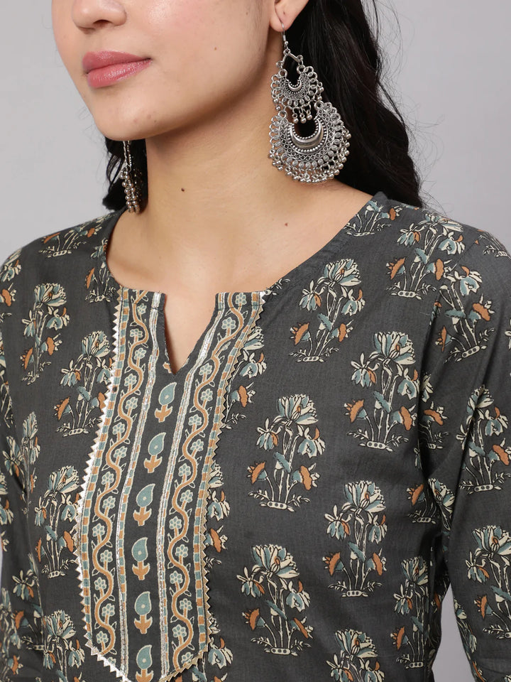 Grey Printed Straight Kurta With Trouser
