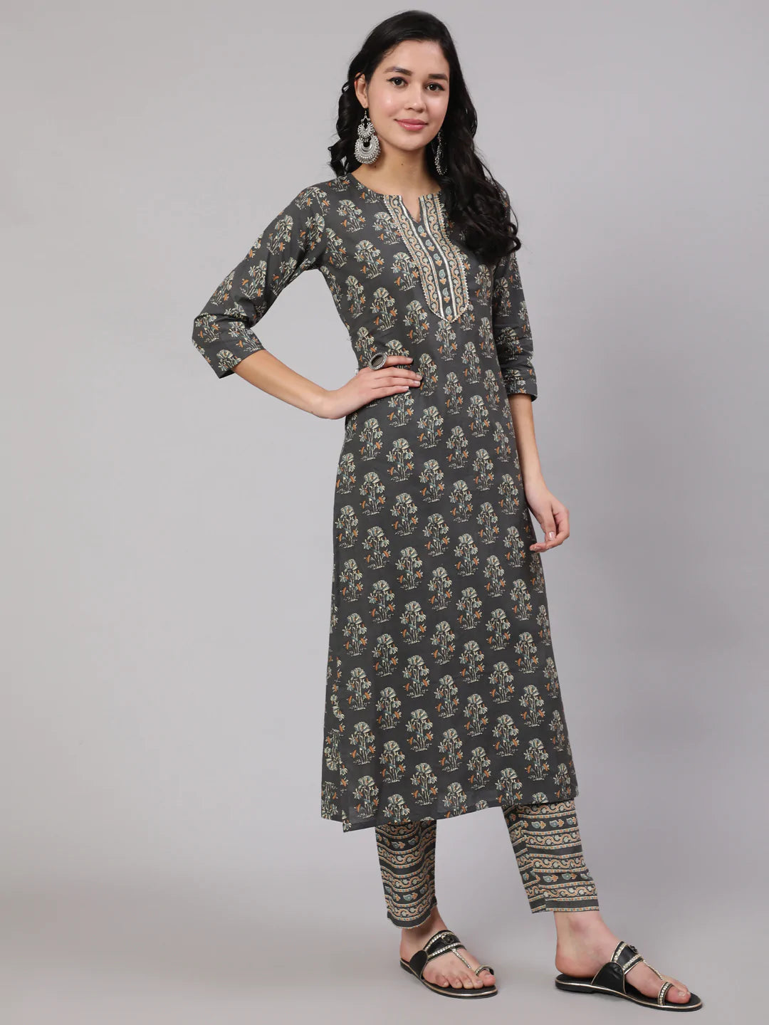 Grey Printed Straight Kurta With Trouser