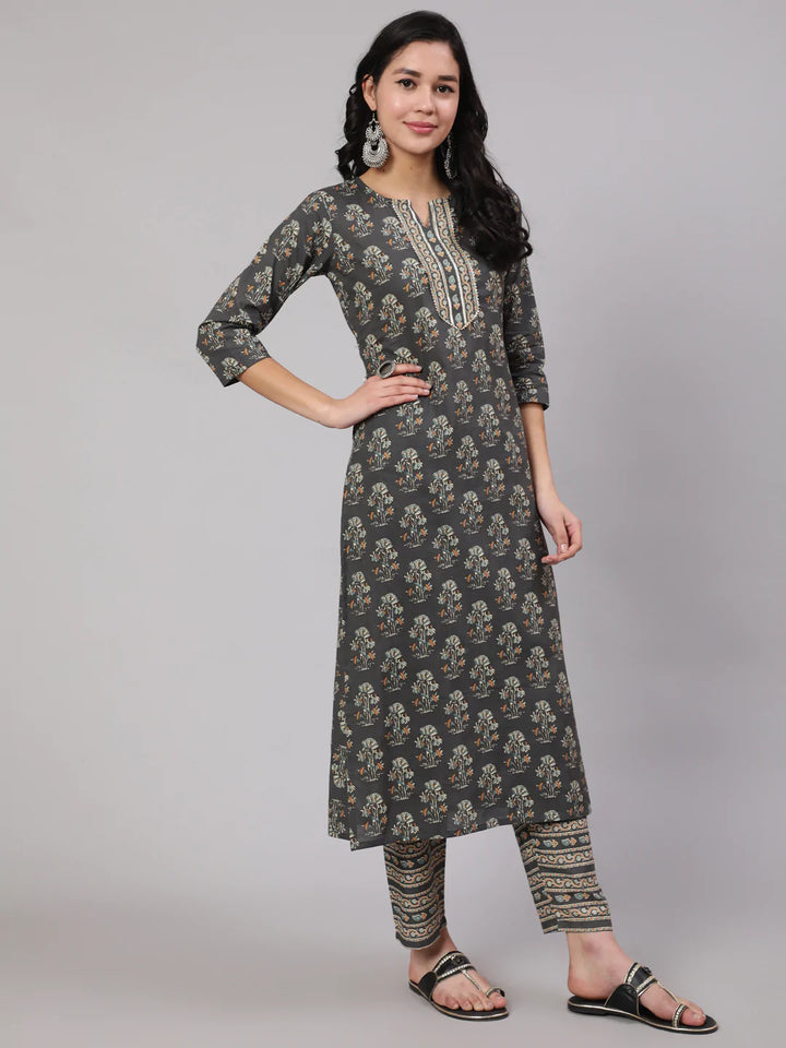 Grey Printed Straight Kurta With Trouser