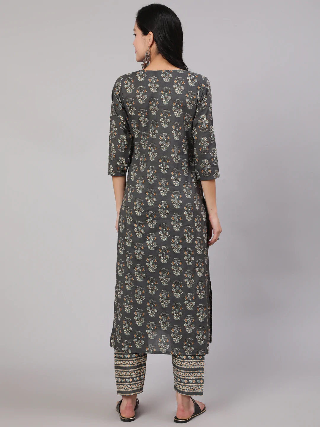 Grey Printed Straight Kurta With Trouser