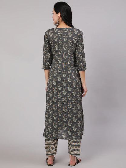 Grey Printed Straight Kurta With Trouser