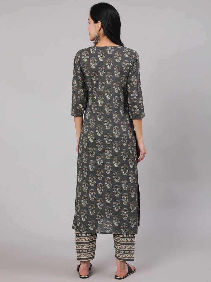 Grey Printed Straight Kurta With Trouser