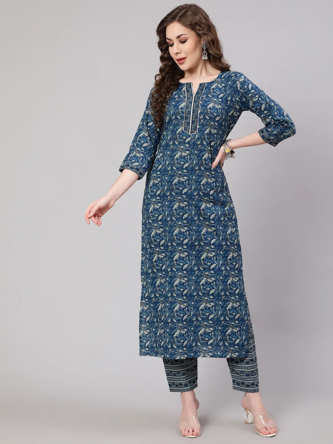Blue Printed Straight Kurta With Trouser