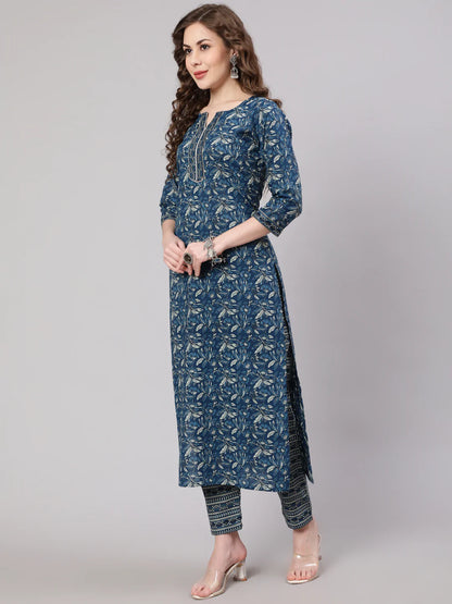 Blue Printed Straight Kurta With Trouser