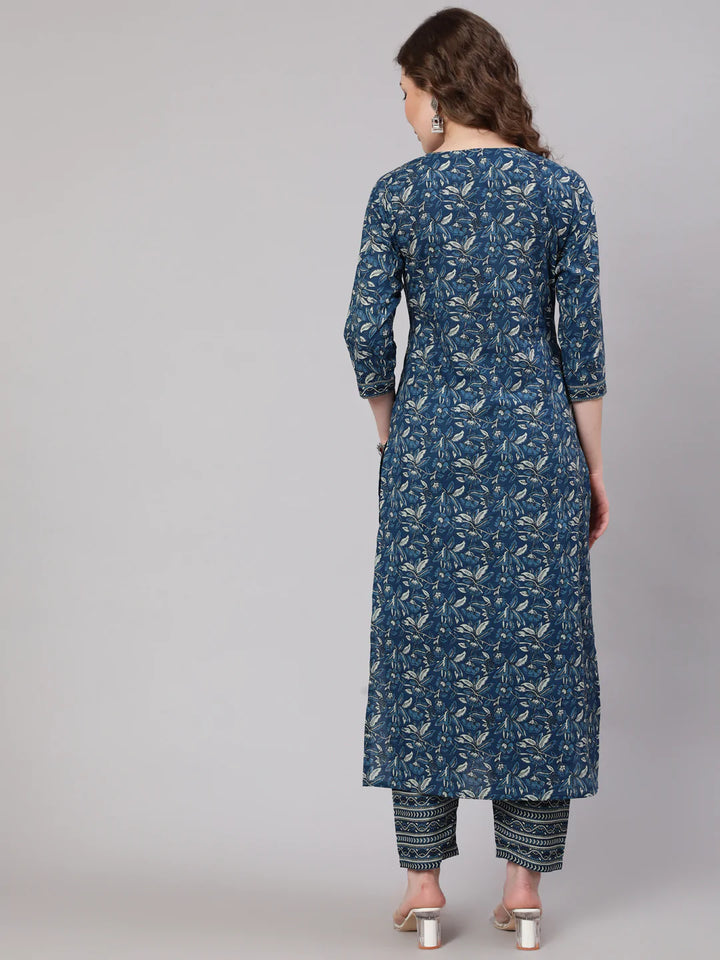 Blue Printed Straight Kurta With Trouser