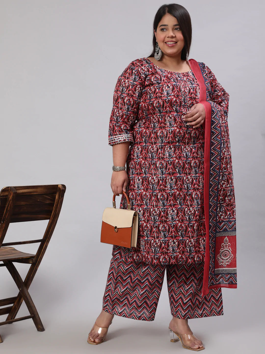 Plus Size Maroon Printed Kurta And Palazzo With Dupatta
