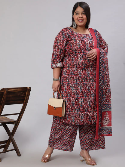 Plus Size Maroon Printed Kurta And Palazzo With Dupatta