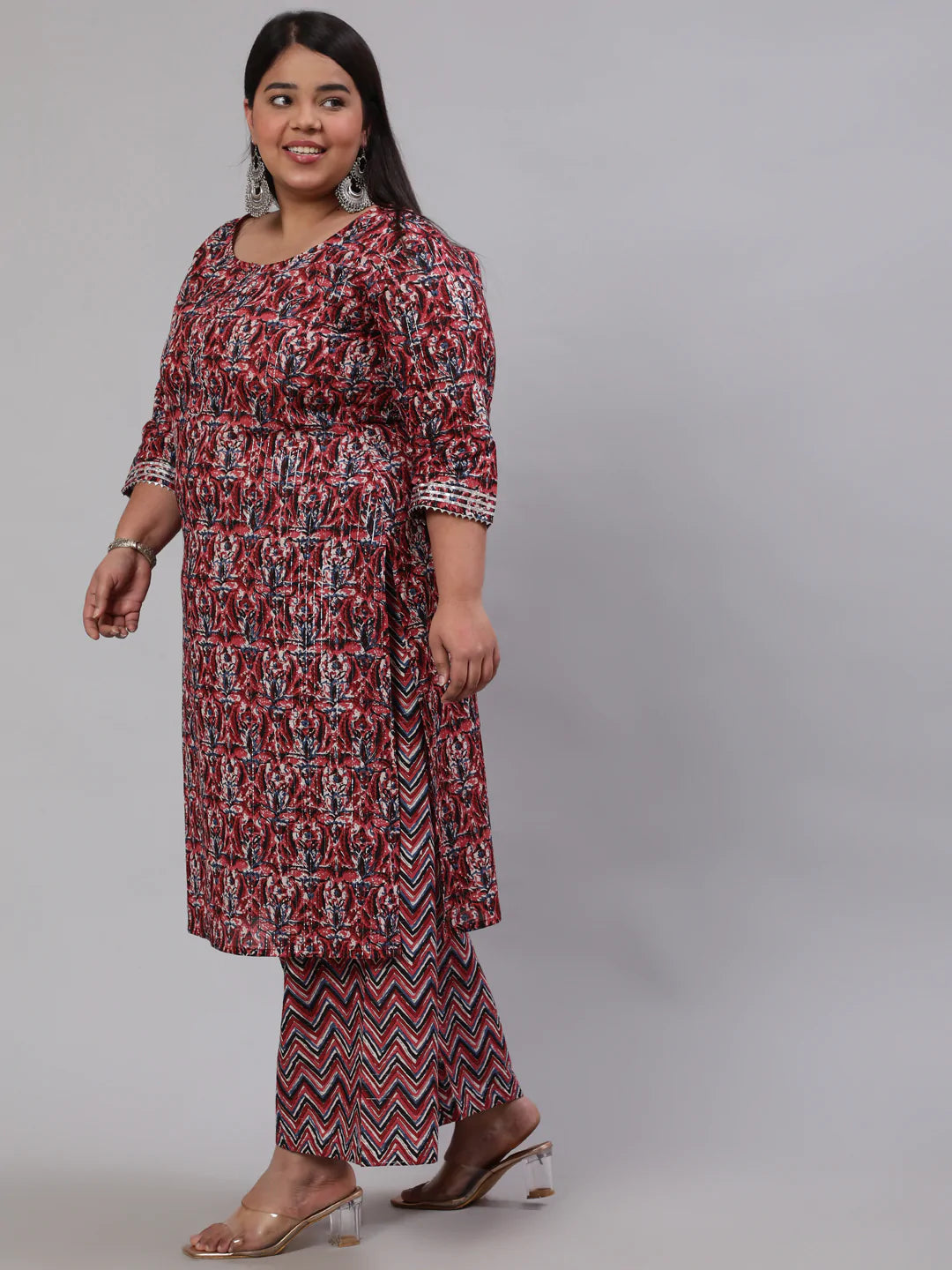 Plus Size Maroon Printed Kurta And Palazzo With Dupatta