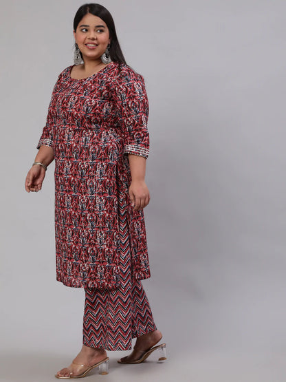 Plus Size Maroon Printed Kurta And Palazzo With Dupatta