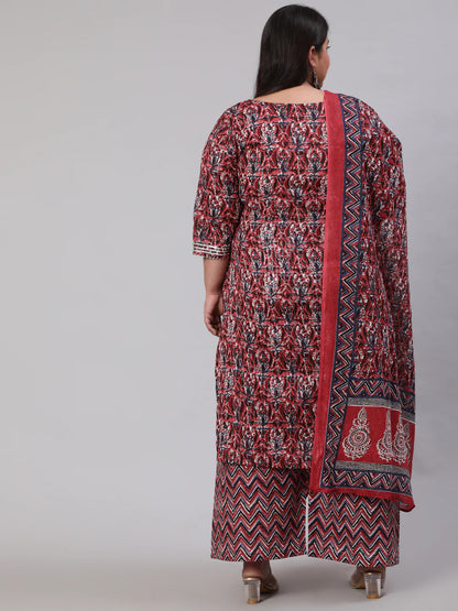 Plus Size Maroon Printed Kurta And Palazzo With Dupatta